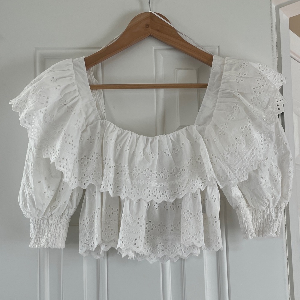 Zara White Eyelet Ruffle Peasant Top